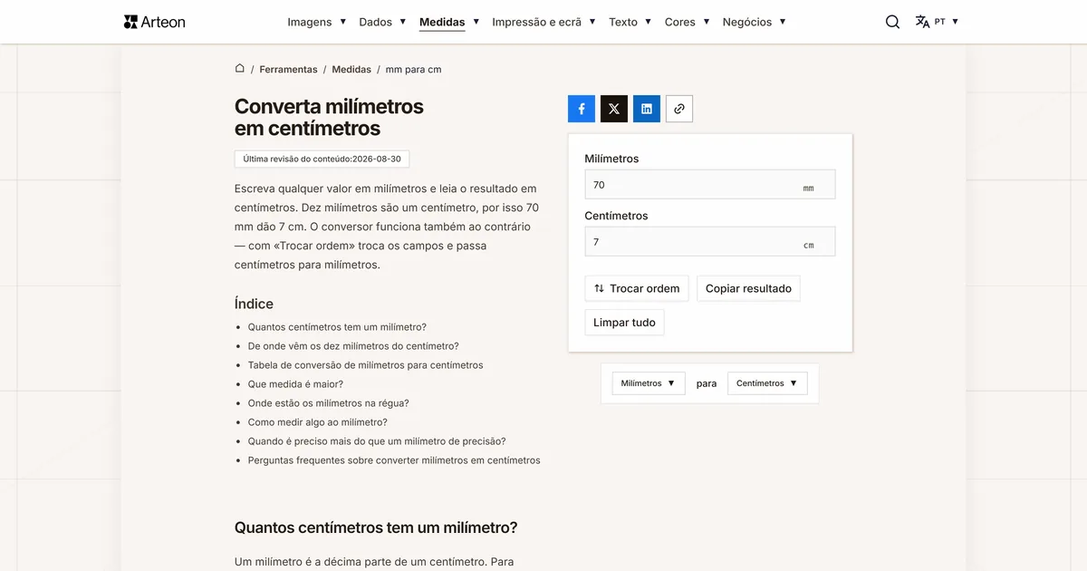Captura de ecrã da ferramenta gratuita da Arteon: Converta milímetros em centímetros