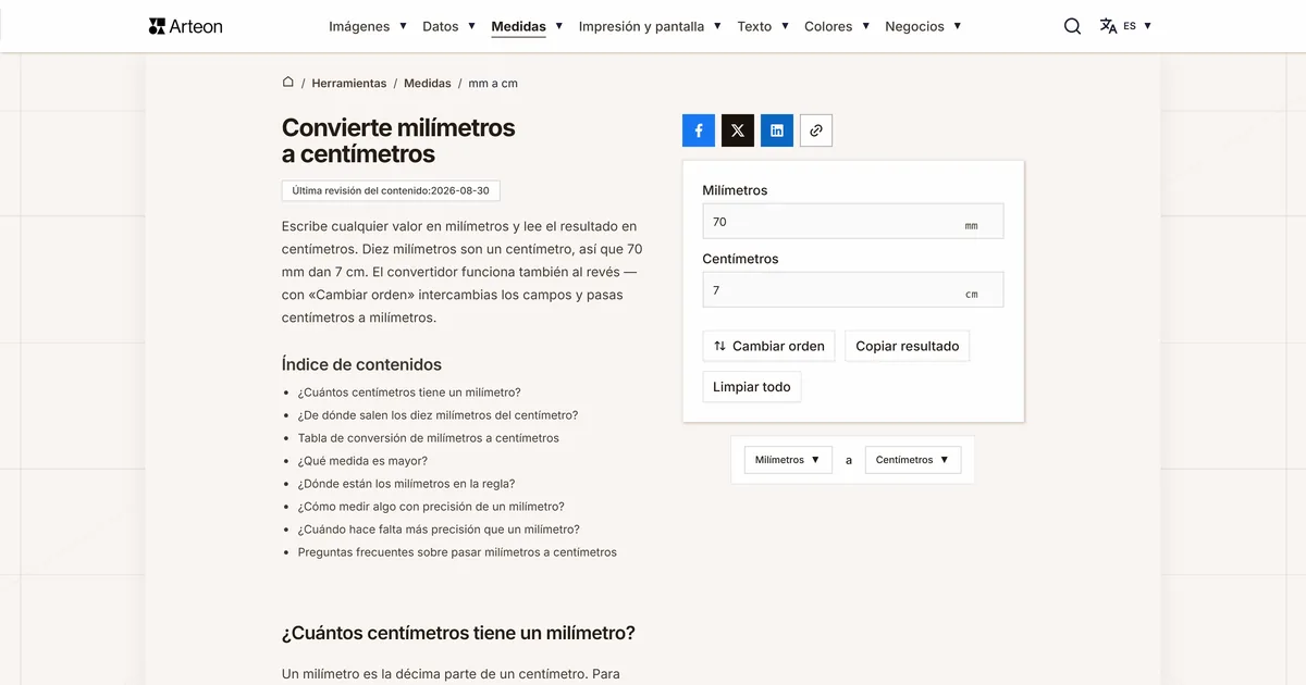 Captura de pantalla de la herramienta gratuita de Arteon: Convierte milímetros a centímetros