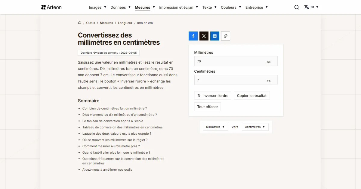 Capture d'écran de l'outil gratuit d'Arteon: Convertissez des millimètres en centimètres