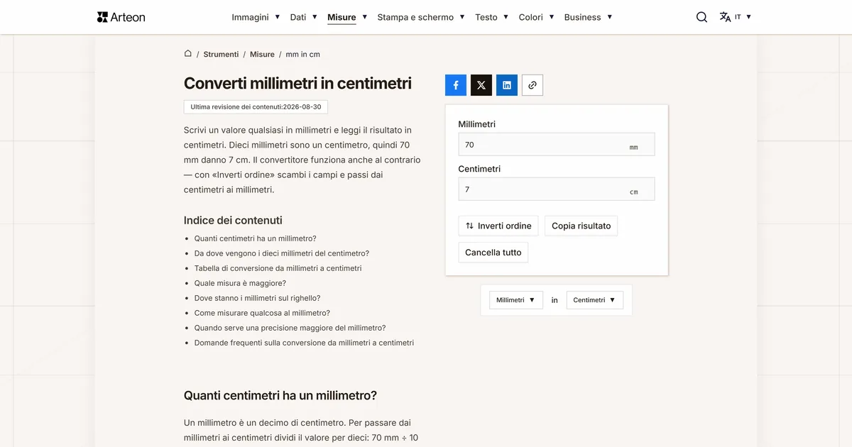 Screenshot dello strumento gratuito Arteon: Converti millimetri in centimetri
