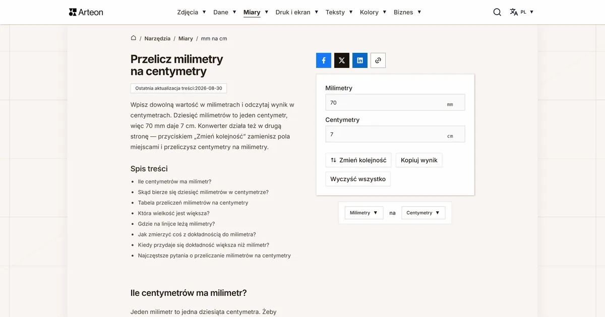 Zrzut ekranu darmowego narzędzia Arteon: Przelicz milimetry na centymetry