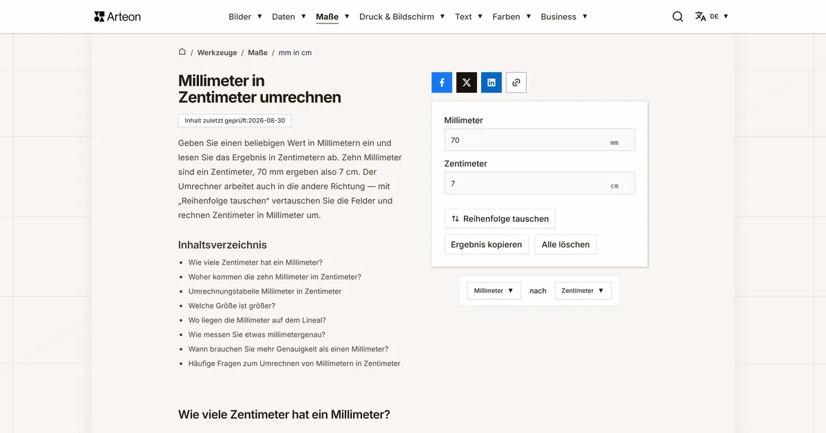 Screenshot des kostenlosen Arteon-Werkzeugs: Millimeter in Zentimeter umrechnen