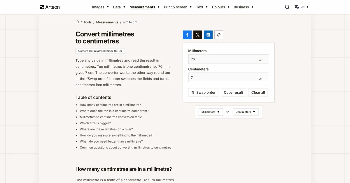 Arteon free tool screenshot: Convert millimetres to centimetres