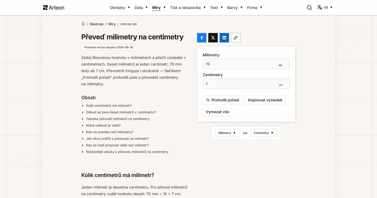 Snímek obrazovky bezplatného nástroje Arteon: Převeď milimetry na centimetry