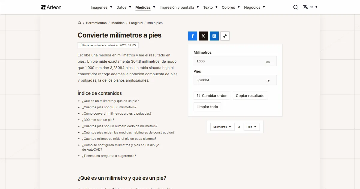 Captura de pantalla de la herramienta gratuita de Arteon: Convierte milímetros a pies