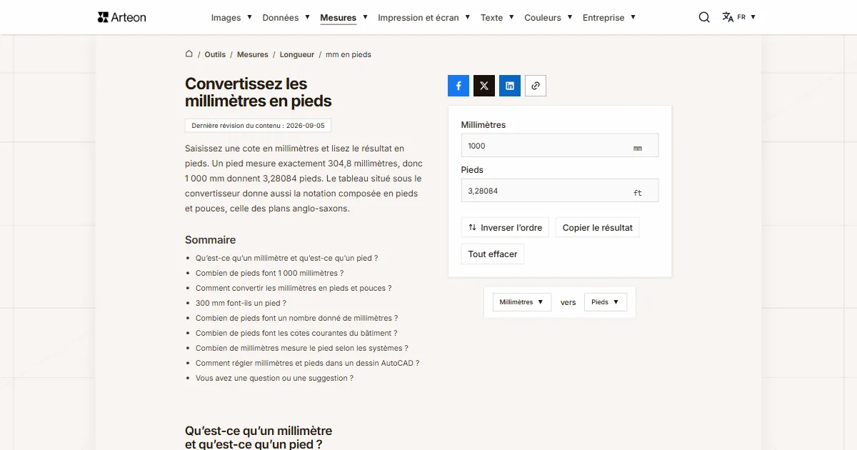 Capture d'écran de l'outil gratuit d'Arteon: Convertissez les millimètres en pieds