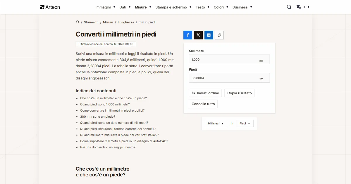 Screenshot dello strumento gratuito Arteon: Converti i millimetri in piedi