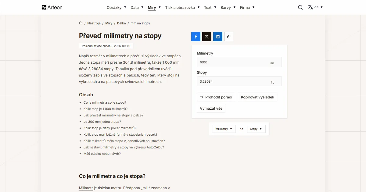 Snímek obrazovky bezplatného nástroje Arteon: Převeď milimetry na stopy