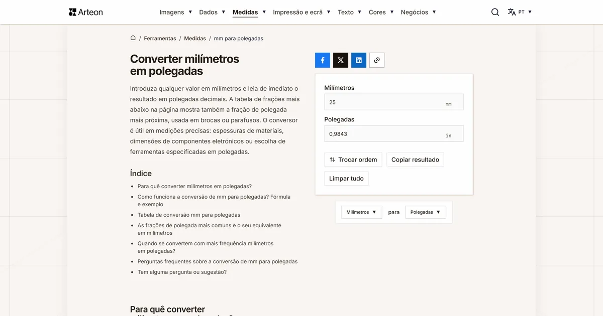 Captura de ecrã da ferramenta gratuita da Arteon: Converter milímetros em polegadas