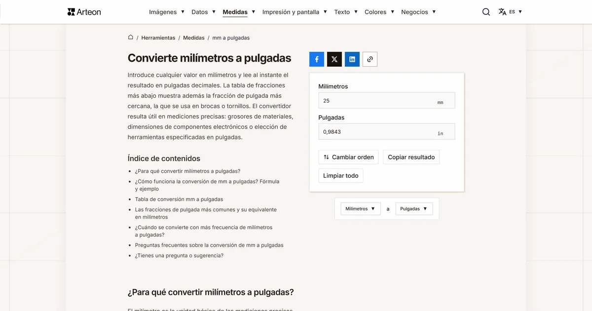 Captura de pantalla de la herramienta gratuita de Arteon: Convierte milímetros a pulgadas