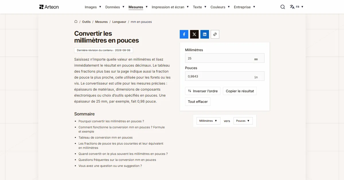Capture d'écran de l'outil gratuit d'Arteon: Convertir les millimètres en pouces