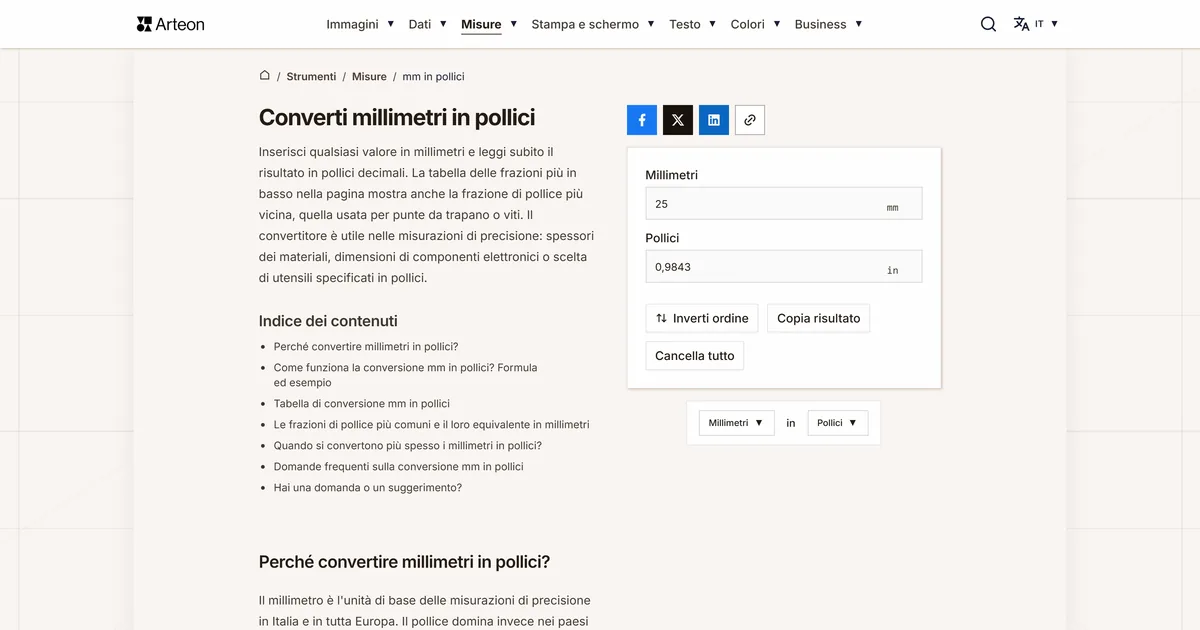 Screenshot dello strumento gratuito Arteon: Converti millimetri in pollici