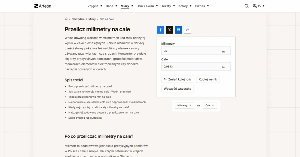 Zrzut ekranu darmowego narzędzia Arteon: Przelicz milimetry na cale