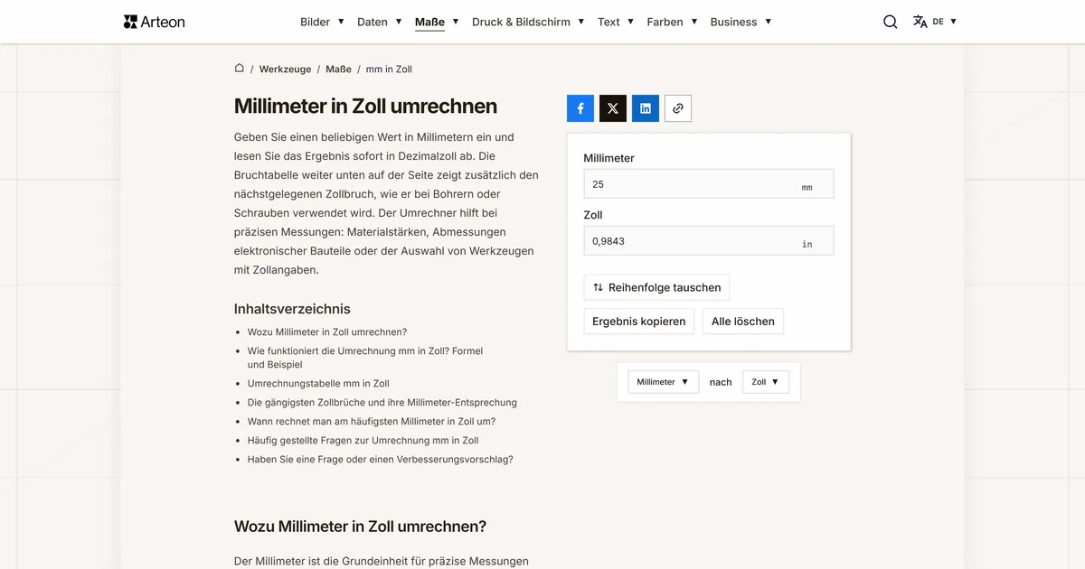 Screenshot des kostenlosen Arteon-Werkzeugs: Millimeter in Zoll umrechnen