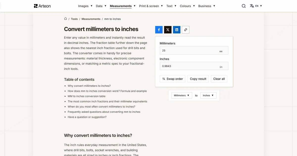 Arteon free tool screenshot: Convert millimeters to inches