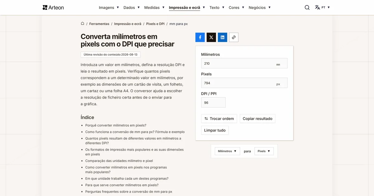 Captura de ecrã da ferramenta gratuita da Arteon: Converta milímetros em pixels com o DPI que precisar