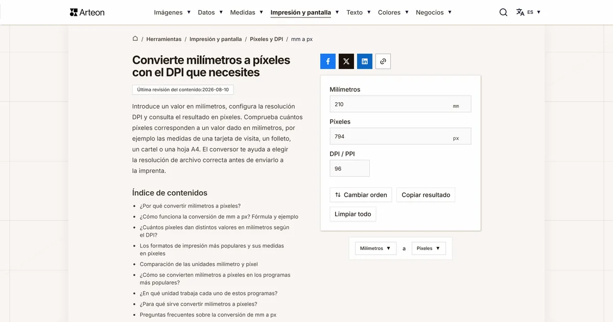 Captura de pantalla de la herramienta gratuita de Arteon: Convierte milímetros a píxeles con el DPI que necesites
