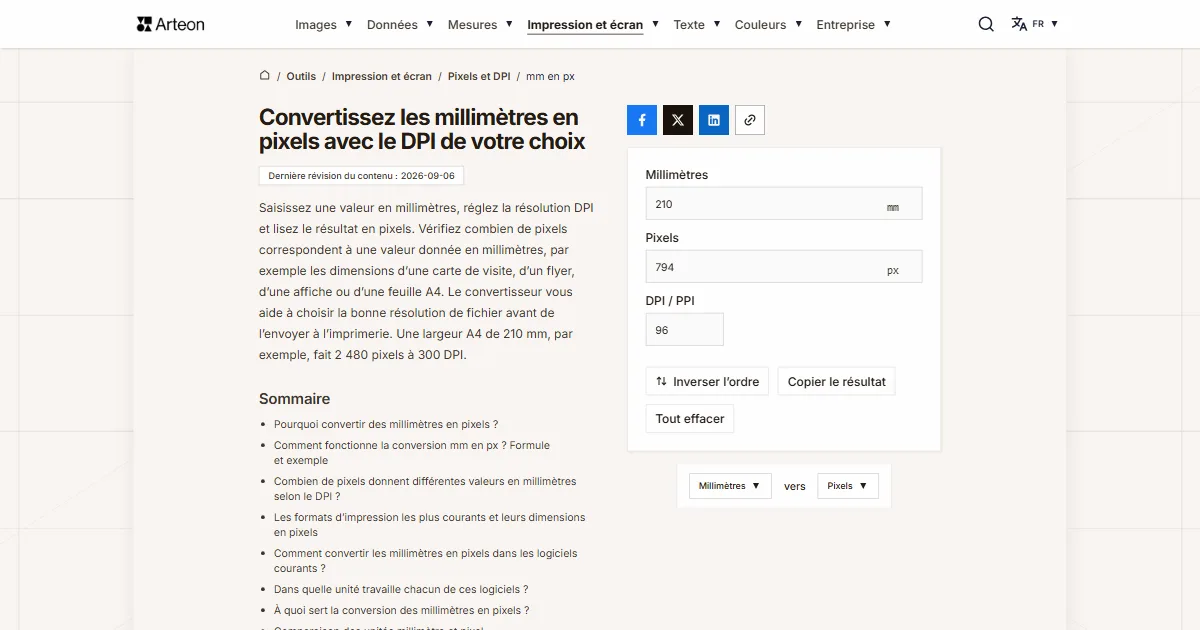 Capture d'écran de l'outil gratuit d'Arteon: Convertissez les millimètres en pixels avec le DPI de votre choix