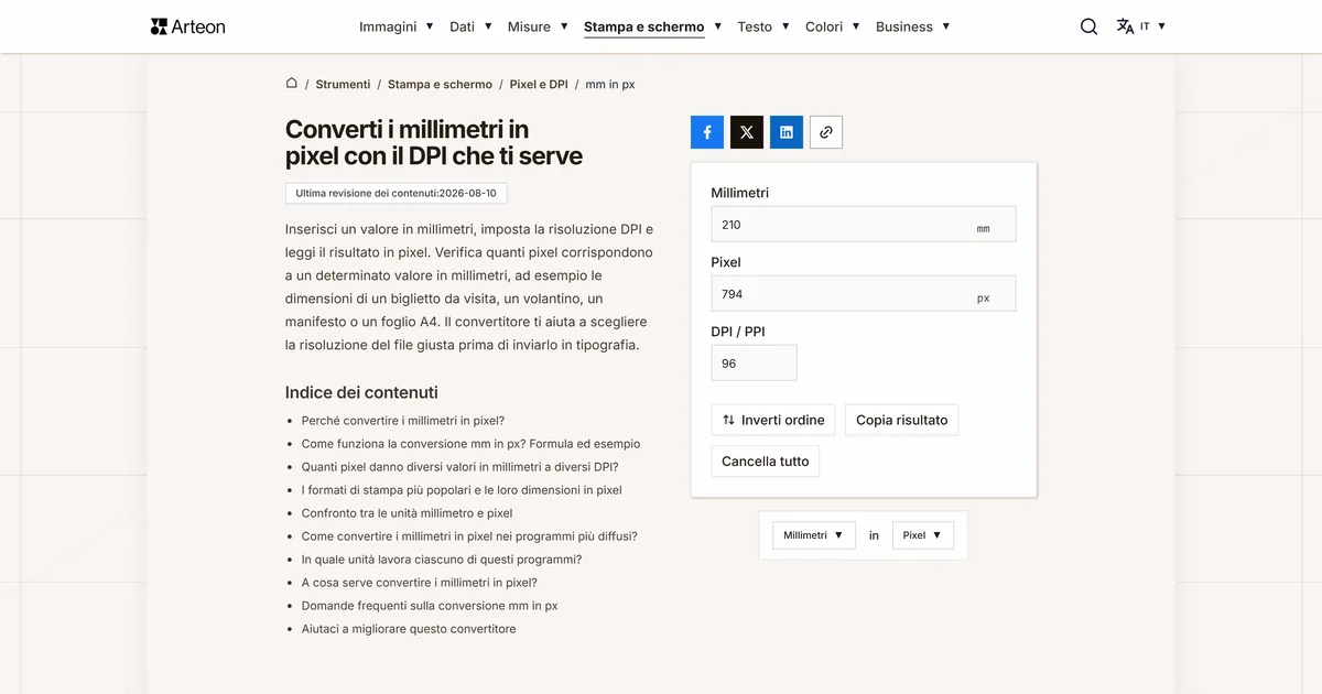 Screenshot dello strumento gratuito Arteon: Converti i millimetri in pixel con il DPI che ti serve