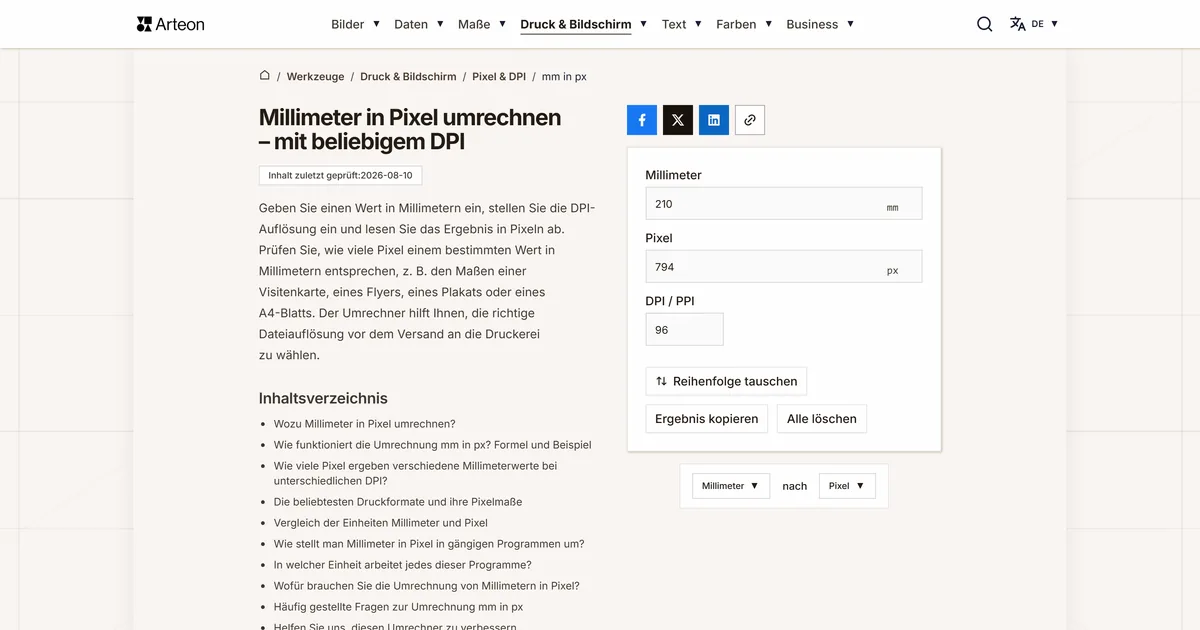 Screenshot des kostenlosen Arteon-Werkzeugs: Millimeter in Pixel umrechnen – mit beliebigem DPI