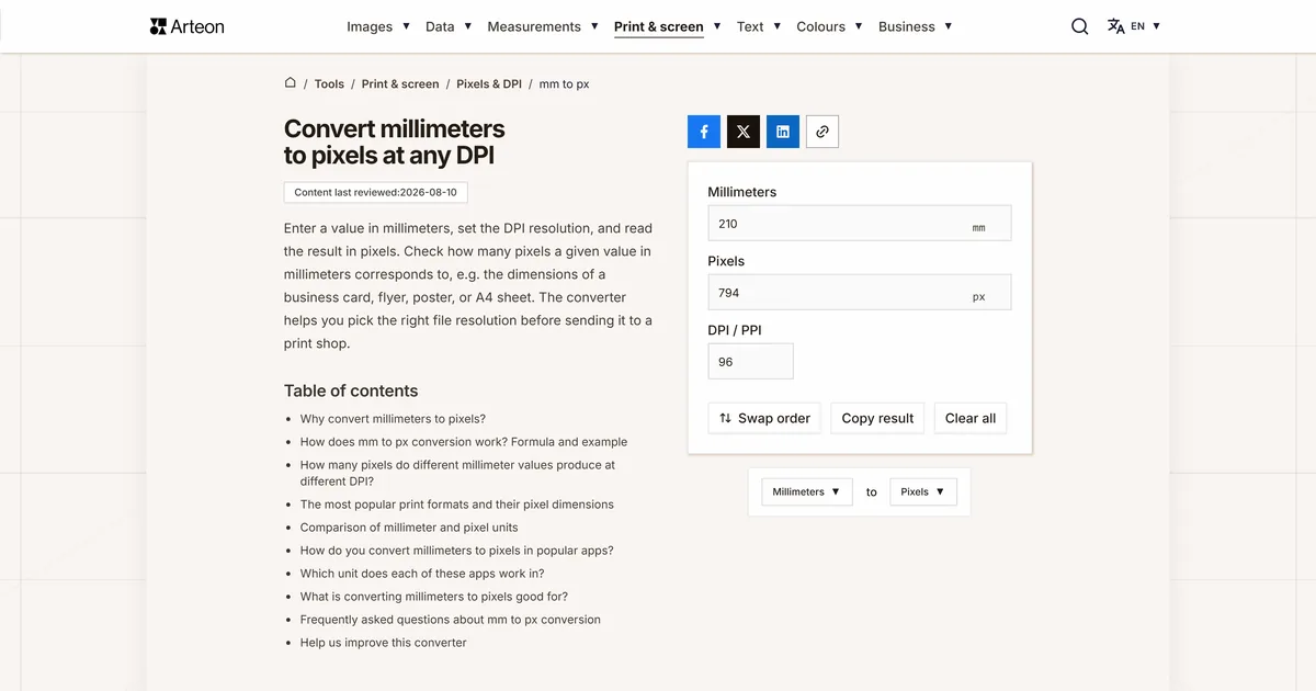 Arteon free tool screenshot: Convert millimeters to pixels at any DPI