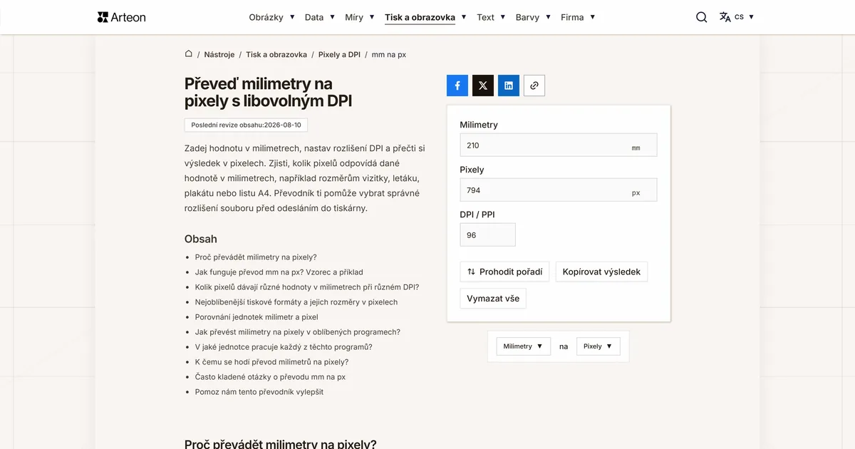 Snímek obrazovky bezplatného nástroje Arteon: Převeď milimetry na pixely s libovolným DPI