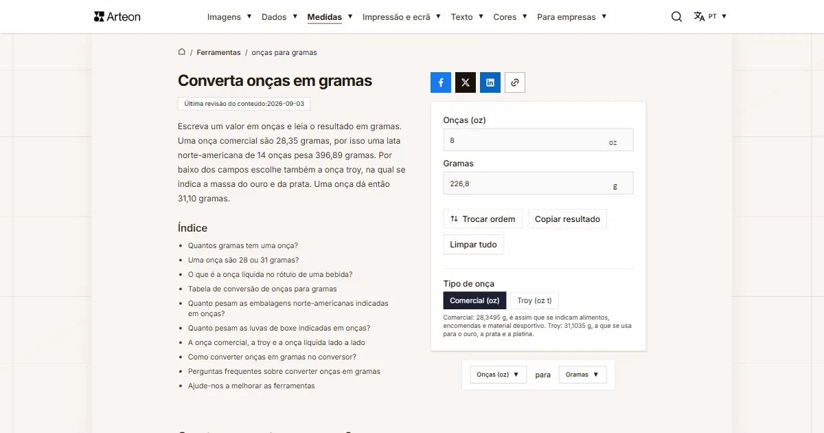Captura de ecrã da ferramenta gratuita da Arteon: Converta onças em gramas