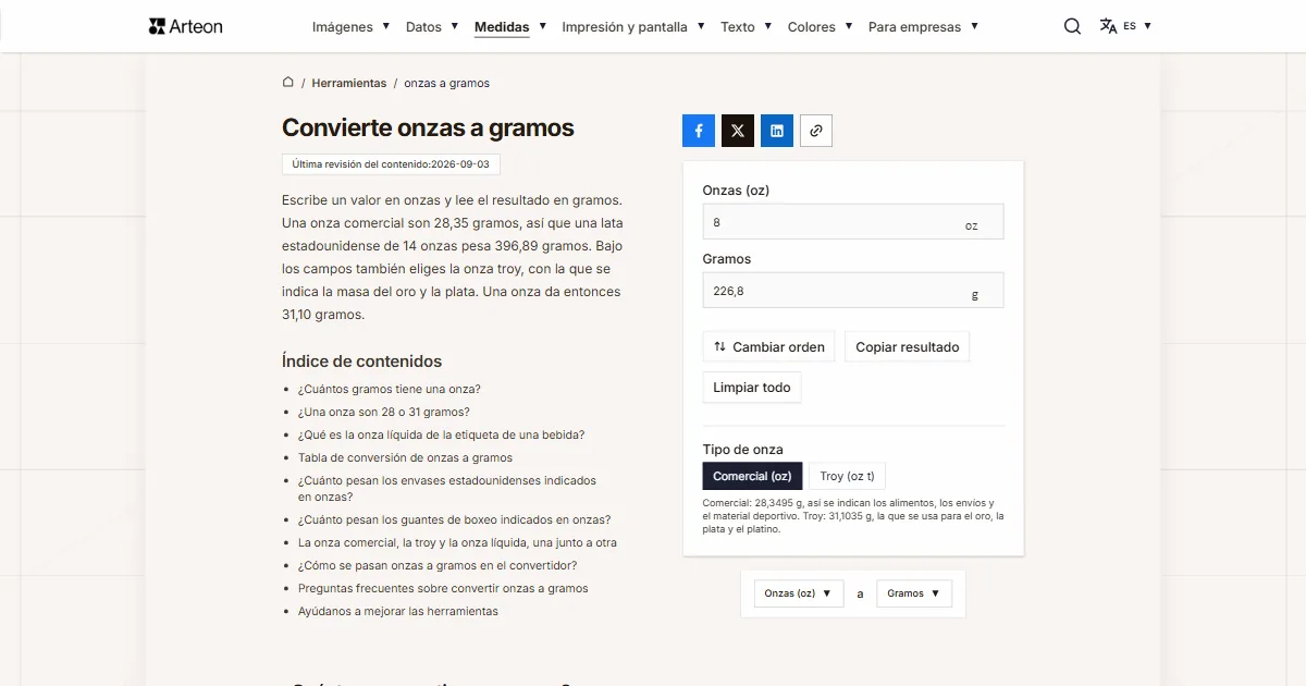 Captura de pantalla de la herramienta gratuita de Arteon: Convierte onzas a gramos