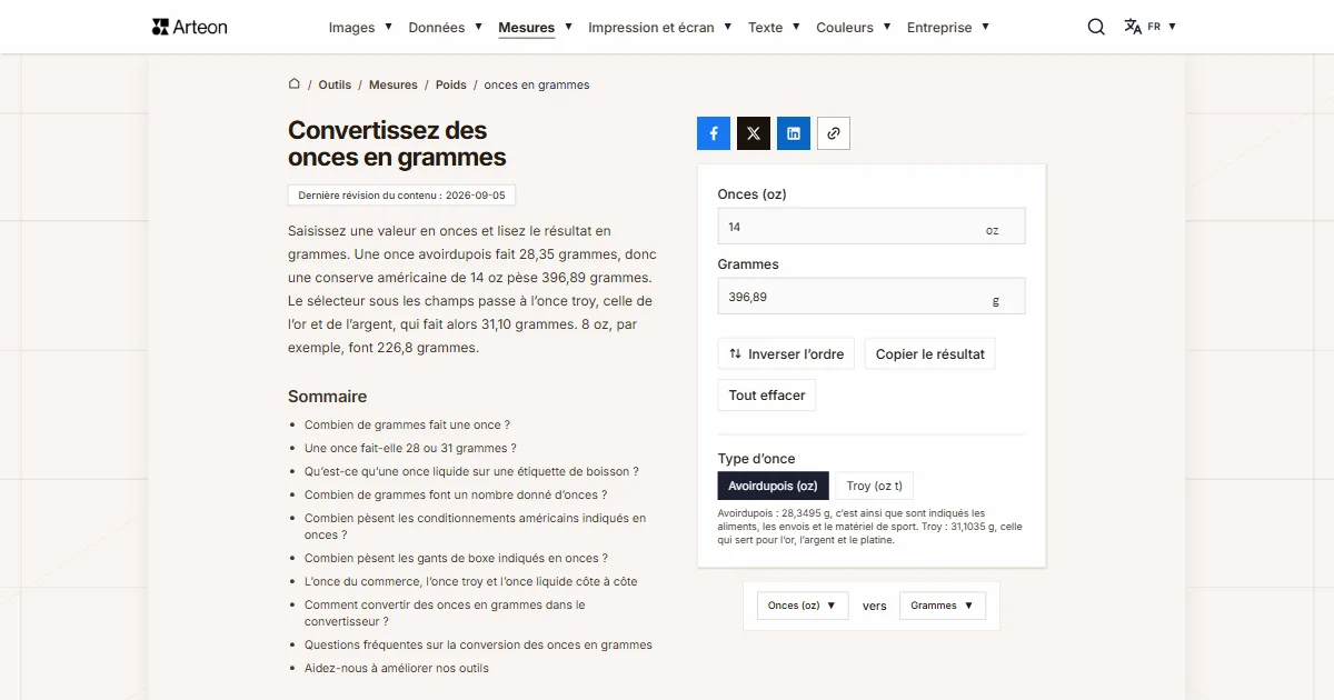 Capture d'écran de l'outil gratuit d'Arteon: Convertissez des onces en grammes