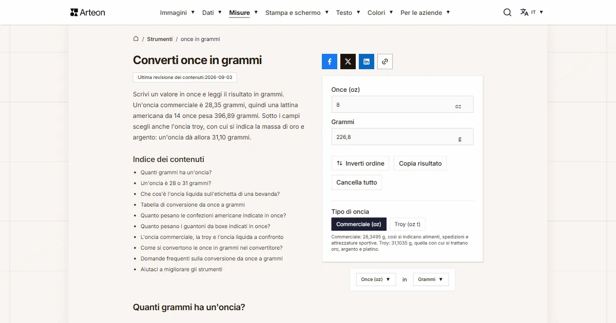 Screenshot dello strumento gratuito Arteon: Converti once in grammi