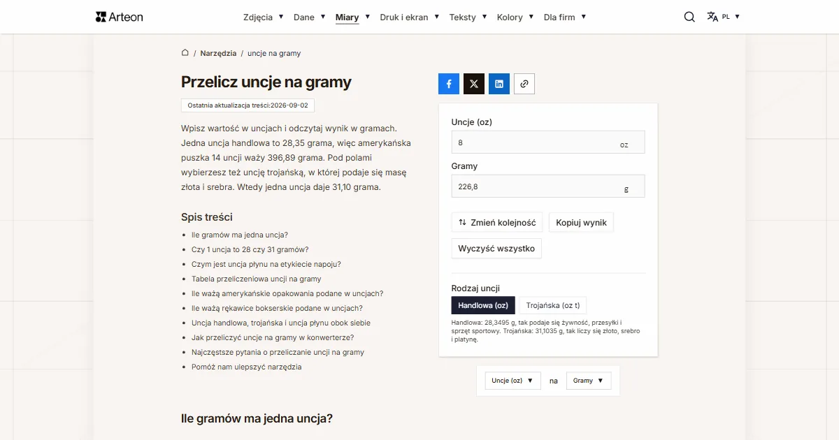 Zrzut ekranu darmowego narzędzia Arteon: Przelicz uncje na gramy