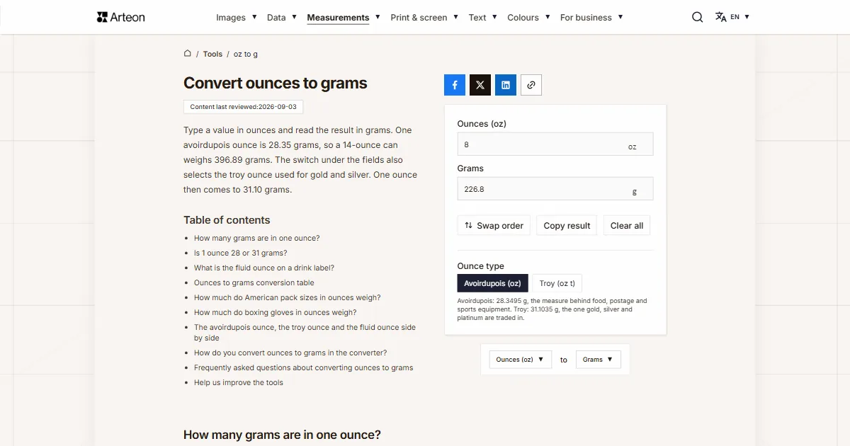 Arteon free tool screenshot: Convert ounces to grams