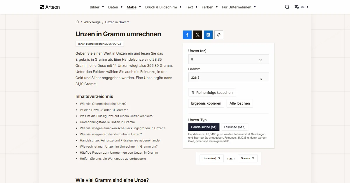 Screenshot des kostenlosen Arteon-Werkzeugs: Unzen in Gramm umrechnen