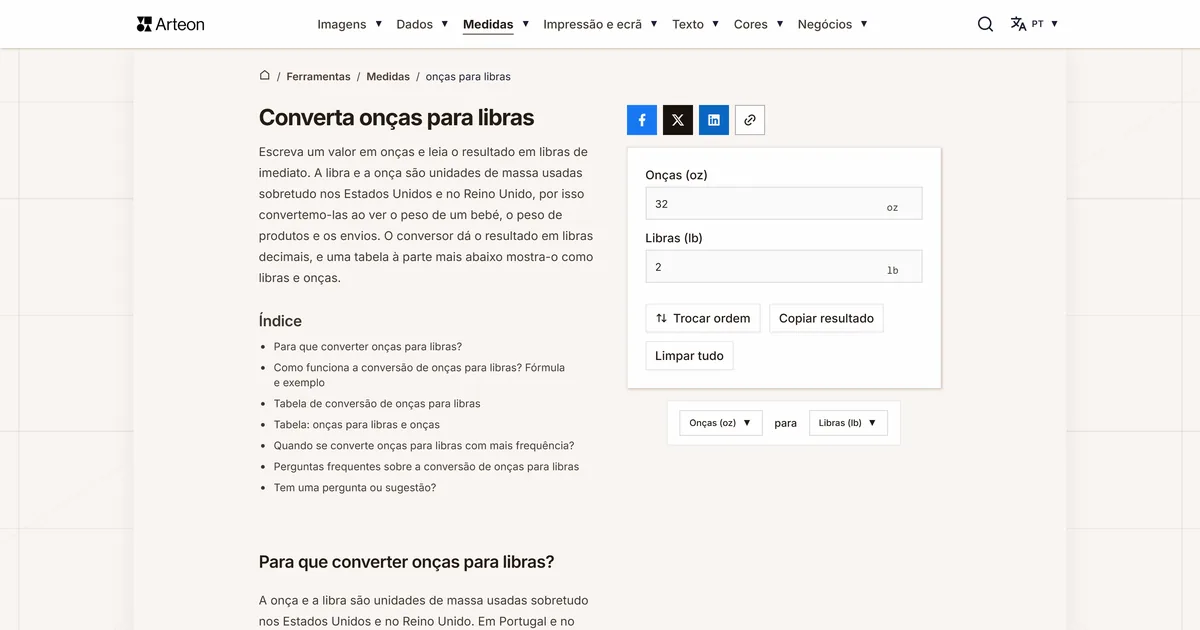 Captura de ecrã da ferramenta gratuita da Arteon: Converta onças para libras