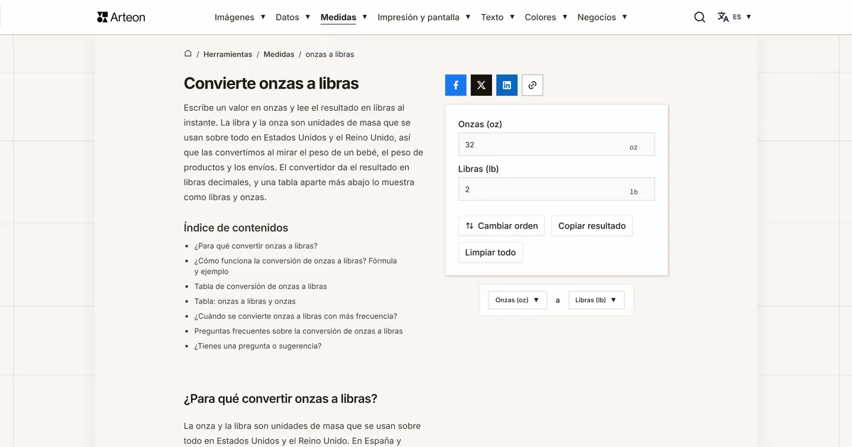 Captura de pantalla de la herramienta gratuita de Arteon: Convierte onzas a libras