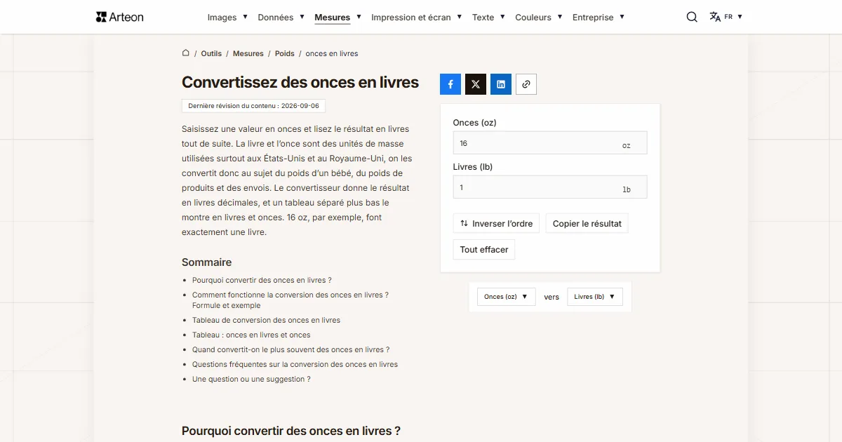 Capture d'écran de l'outil gratuit d'Arteon: Convertissez des onces en livres