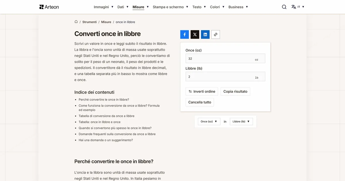 Screenshot dello strumento gratuito Arteon: Converti once in libbre