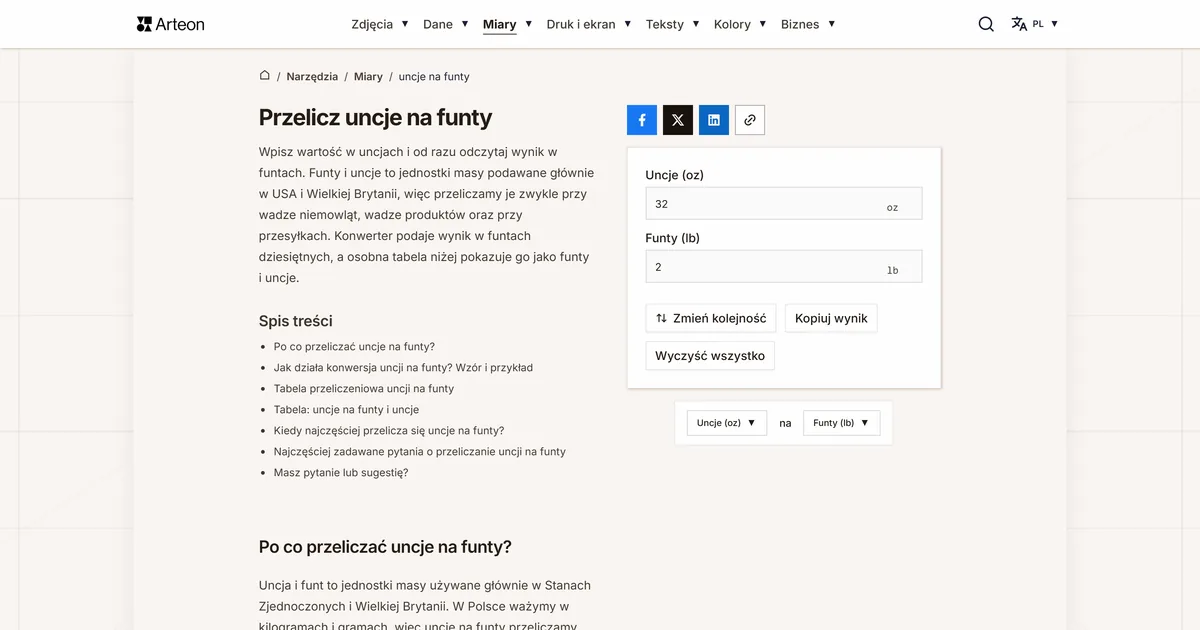 Zrzut ekranu darmowego narzędzia Arteon: Przelicz uncje na funty