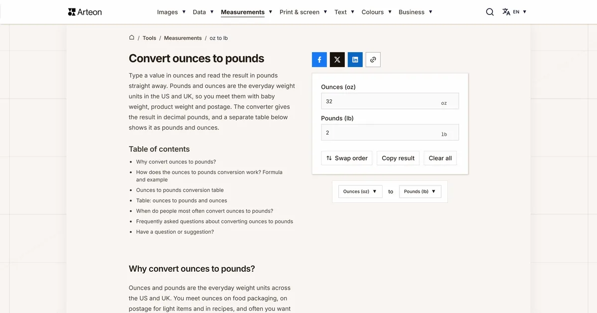 Arteon free tool screenshot: Convert ounces to pounds