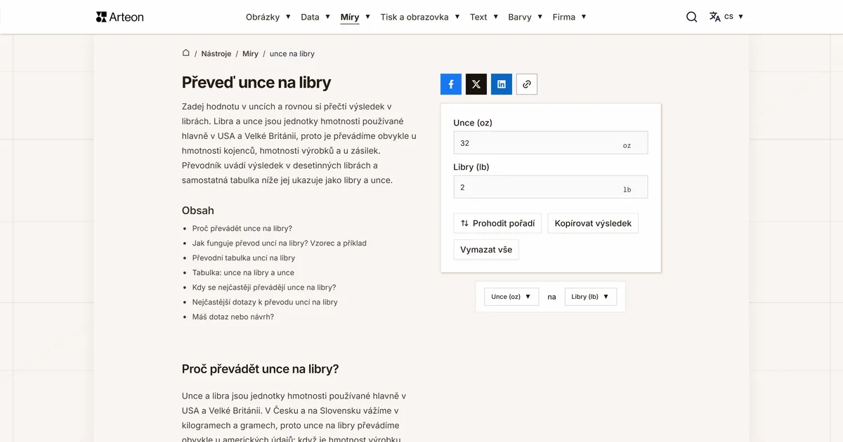 Snímek obrazovky bezplatného nástroje Arteon: Převeď unce na libry