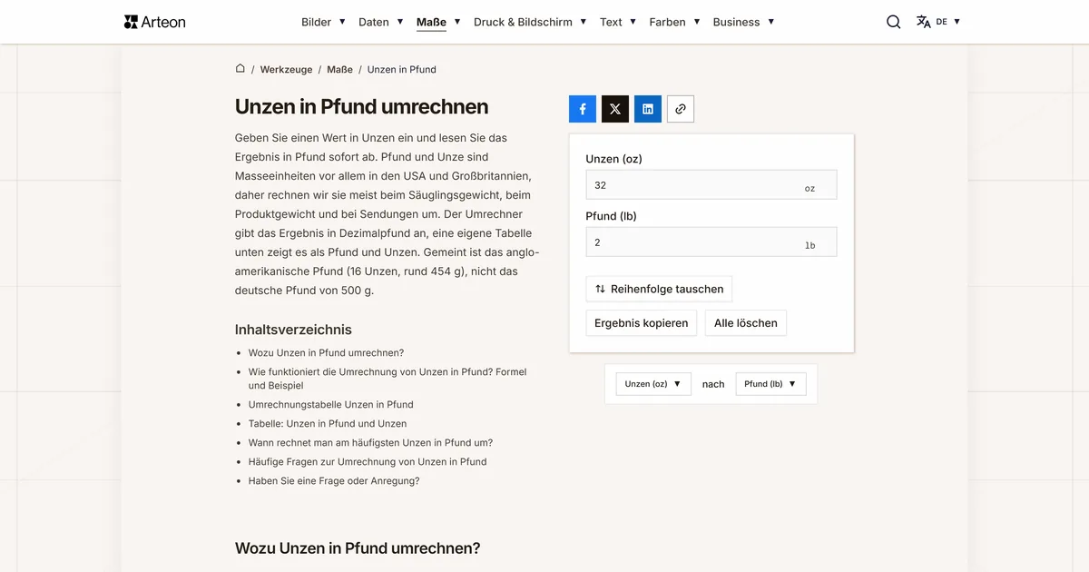 Screenshot des kostenlosen Arteon-Werkzeugs: Unzen in Pfund umrechnen