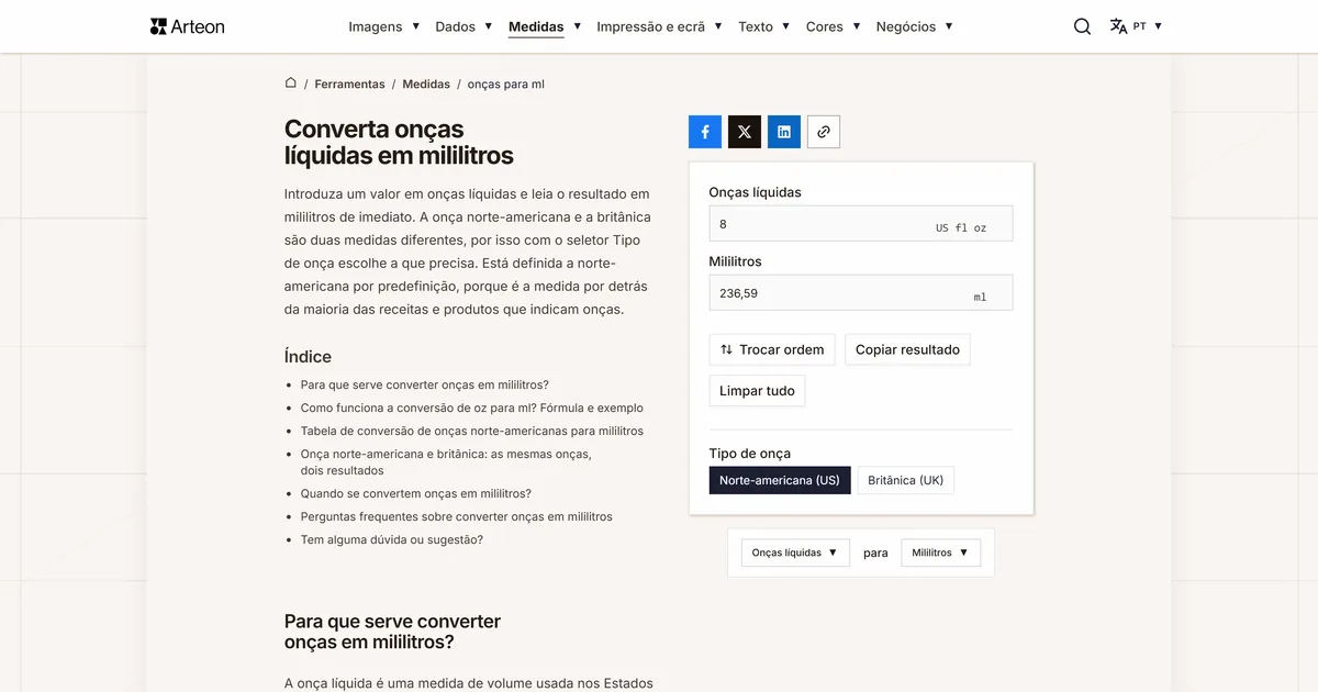 Captura de ecrã da ferramenta gratuita da Arteon: Converta onças líquidas em mililitros