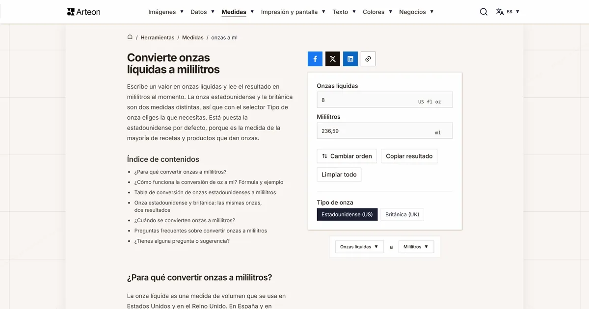 Captura de pantalla de la herramienta gratuita de Arteon: Convierte onzas líquidas a mililitros