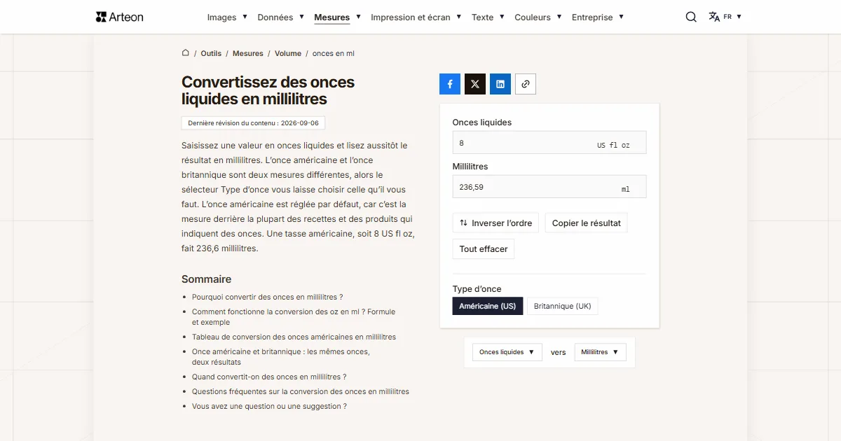 Capture d'écran de l'outil gratuit d'Arteon: Convertissez des onces liquides en millilitres