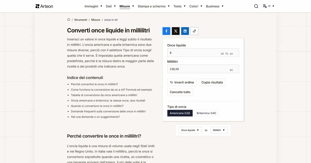 Screenshot dello strumento gratuito Arteon: Converti once liquide in millilitri