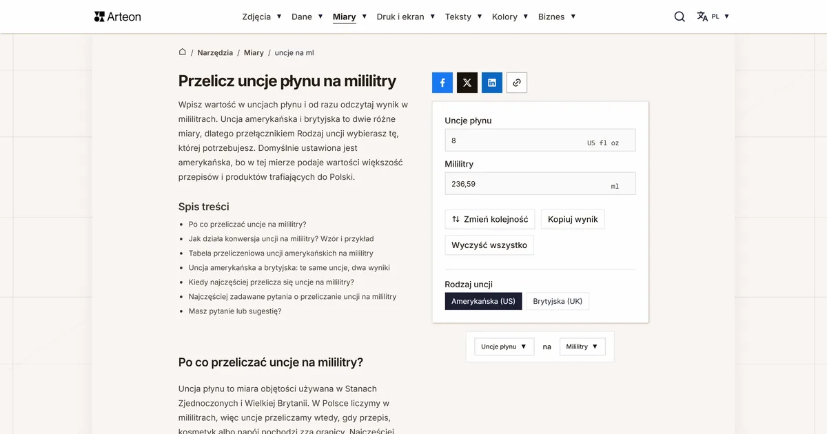 Zrzut ekranu darmowego narzędzia Arteon: Przelicz uncje płynu na mililitry
