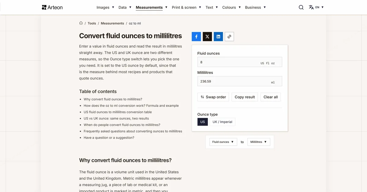 Arteon free tool screenshot: Convert fluid ounces to millilitres