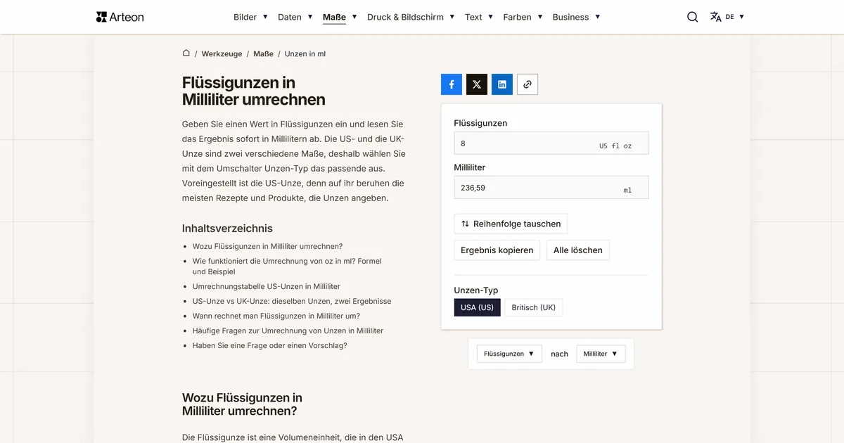 Screenshot des kostenlosen Arteon-Werkzeugs: Flüssigunzen in Milliliter umrechnen