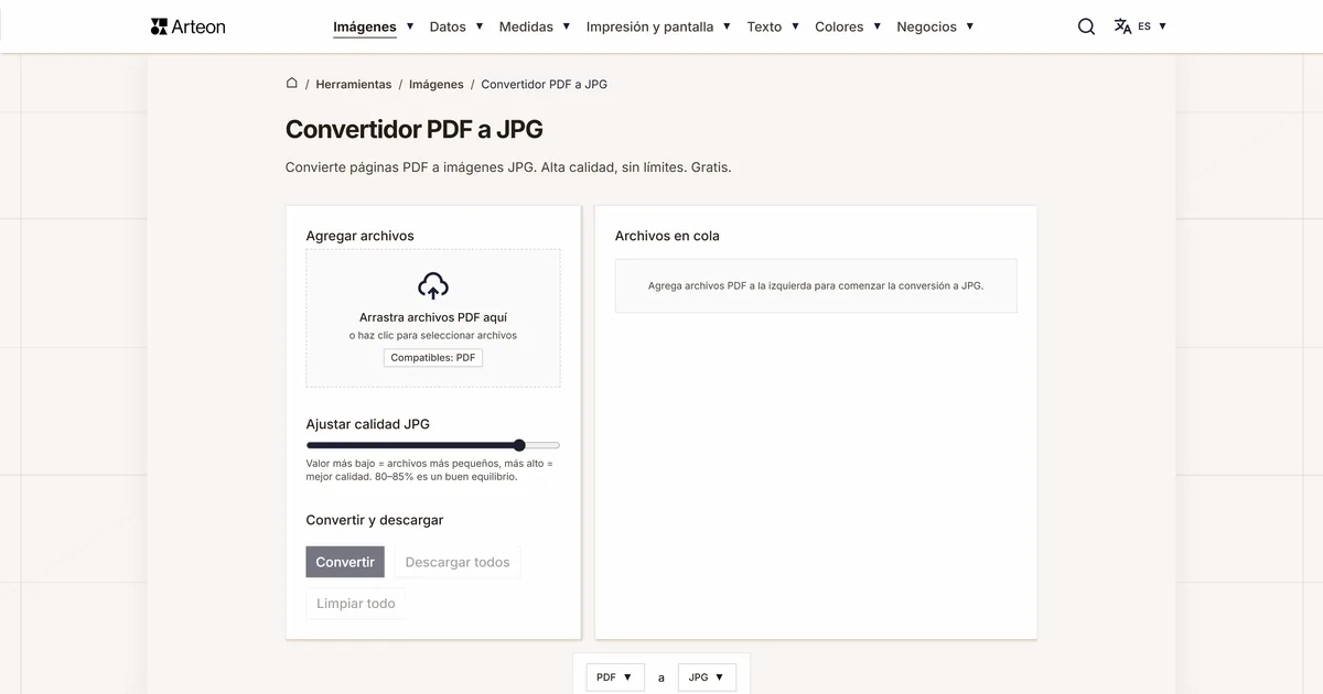 Captura de pantalla de la herramienta gratuita de Arteon: Convertidor PDF a JPG