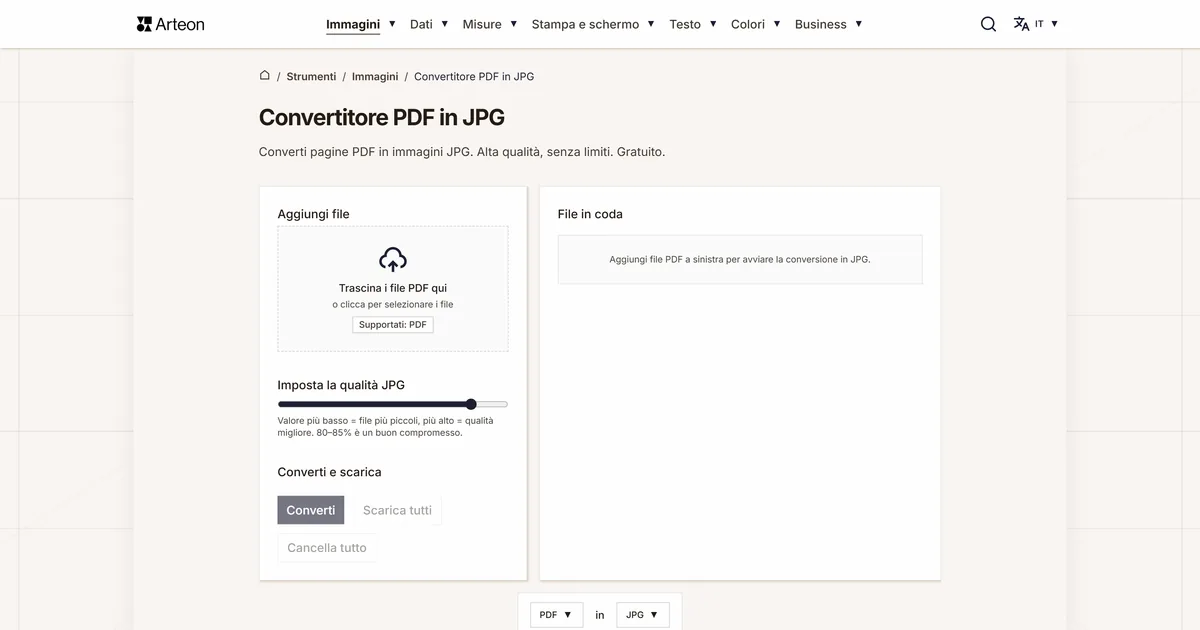 Screenshot dello strumento gratuito Arteon: Convertitore PDF in JPG